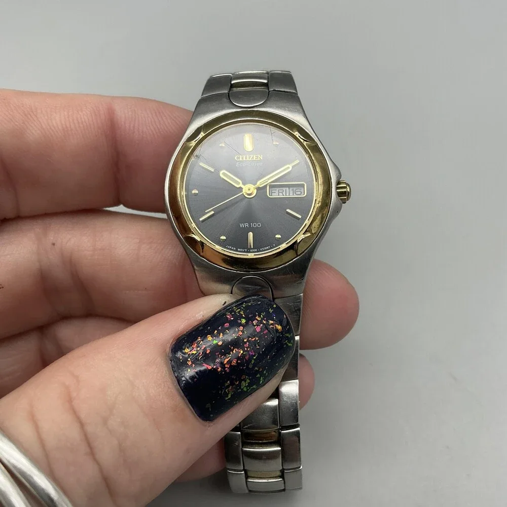Citizen Eco-Drive WR 100 Womens Watch 25mm Black Dial Silver Gold Two Tone 6.75